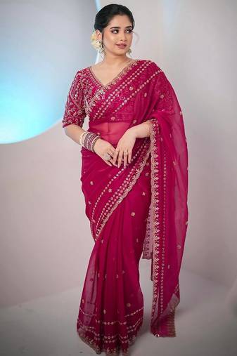 Rani Pink Color  jari Dori Thread Embroidery Work  Velvet Saree