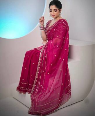 Rani Pink Color  jari Dori Thread Embroidery Work  Velvet Saree 3