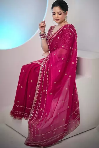 Rani Pink Color  jari Dori Thread Embroidery Work  Velvet Saree