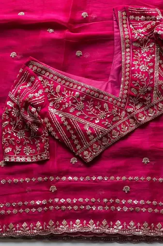 Rani Pink Color  jari Dori Thread Embroidery Work  Velvet Saree