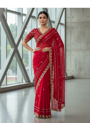 Red Color  jari Dori Thread Embroidery Work  Velvet Saree 1