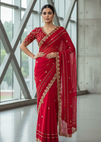 Red Color  jari Dori Thread Embroidery Work  Velvet Saree