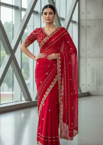 Red Color  jari Dori Thread Embroidery Work  Velvet Saree