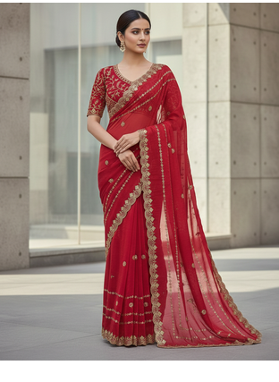 Red Color  jari Dori Thread Embroidery Work  Velvet Saree 3