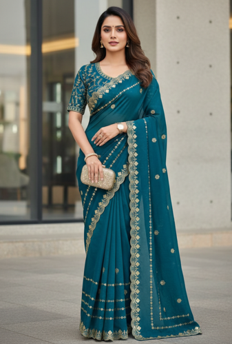 Teal Color  jari Dori Thread Embroidery Work  Velvet Saree