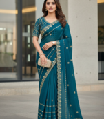 Teal Color  jari Dori Thread Embroidery Work  Velvet Saree