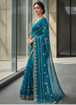 Teal Color  jari Dori Thread Embroidery Work  Velvet Saree 3