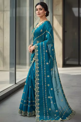Teal Color  jari Dori Thread Embroidery Work  Velvet Saree