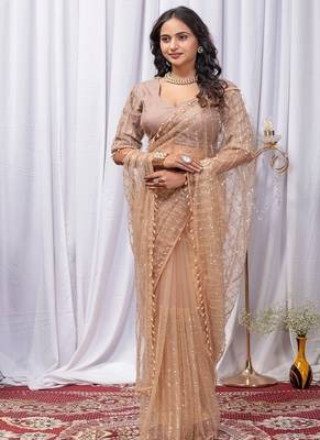 Beige Color Sequins And Embroidery with Beads Work Butterfly Net 1