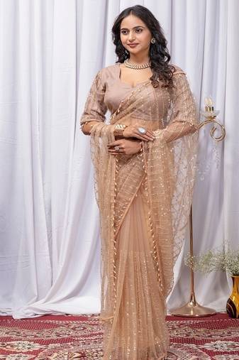 Beige Color Sequins And Embroidery with Beads Work Butterfly Net