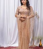 Beige Color Sequins And Embroidery with Beads Work Butterfly Net