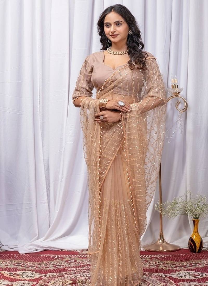 Beige Color Sequins And Embroidery with Beads Work Butterfly Net