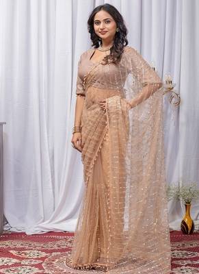 Beige Color Sequins And Embroidery with Beads Work Butterfly Net 3