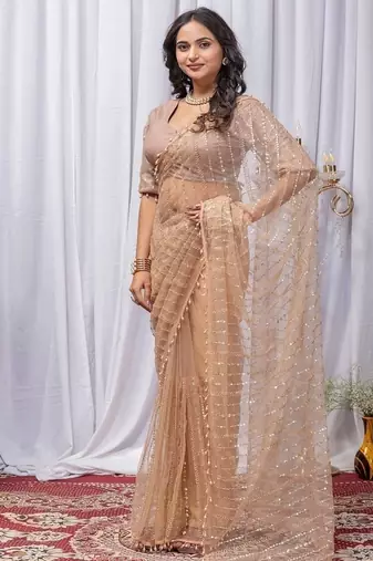 Beige Color Sequins And Embroidery with Beads Work Butterfly Net