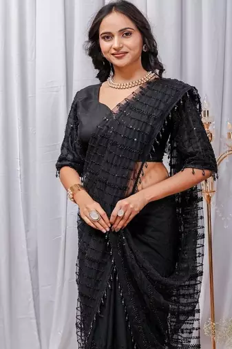 Black Color Sequins And Embroidery with Beads Work Butterfly Net