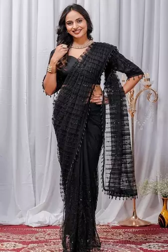 Black Color Sequins And Embroidery with Beads Work Butterfly Net