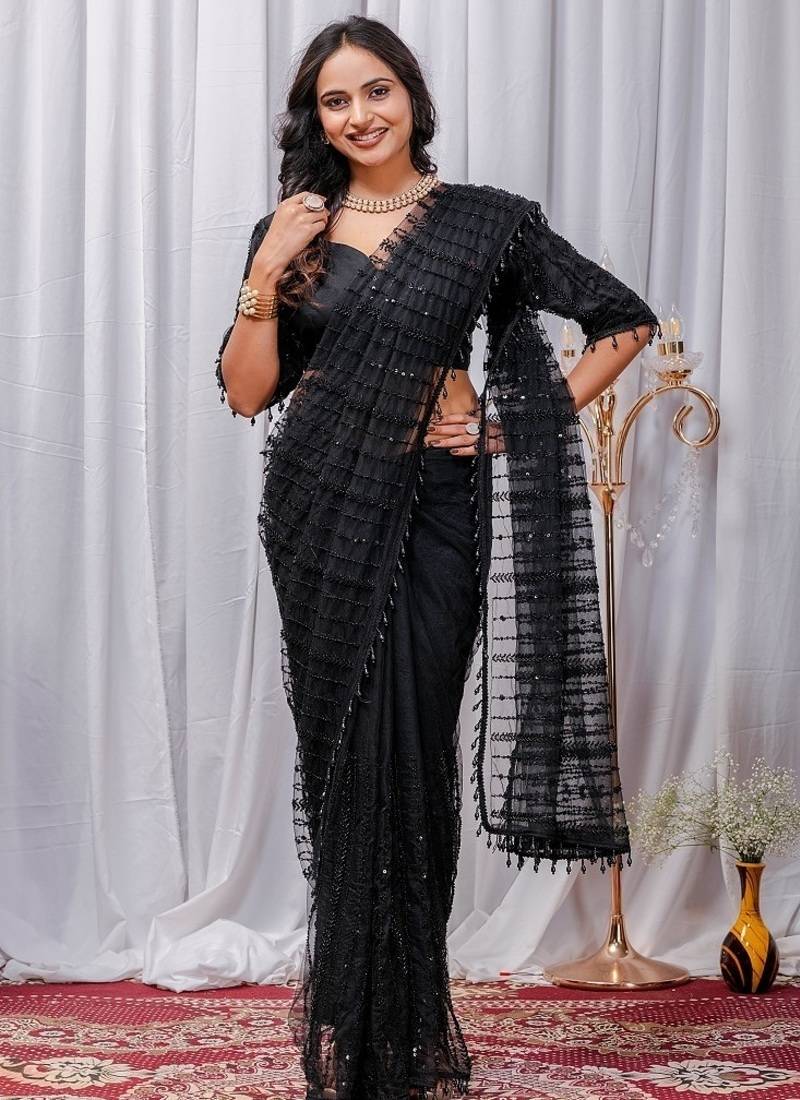 Black Color Sequins And Embroidery with Beads Work Butterfly Net