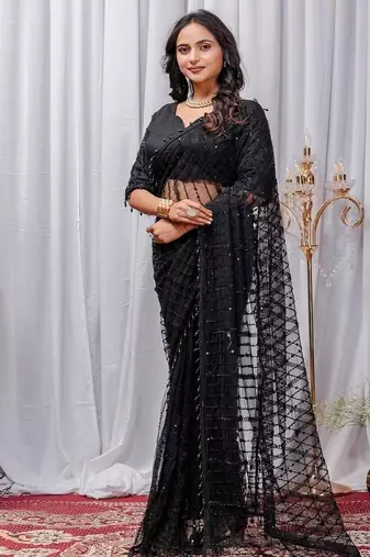 Black Color Sequins And Embroidery with Beads Work Butterfly Net