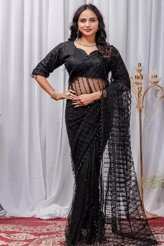 Black Color Sequins And Embroidery with Beads Work Butterfly Net