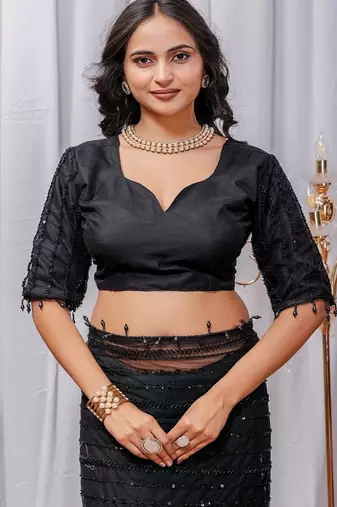 Black Color Sequins And Embroidery with Beads Work Butterfly Net