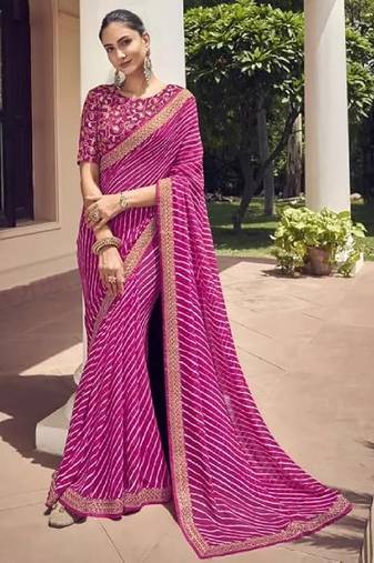 Pink Georgette Leheriya Printed Saree With Unstitched Blouse Piece