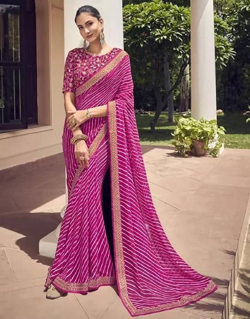 Pink Georgette Leheriya Printed Sari,Saree With Unstitched Blouse Piece