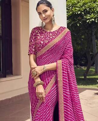 Pink Georgette Leheriya Printed Saree With Unstitched Blouse Piece 2