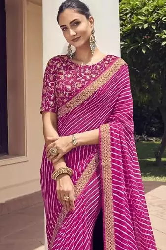 Pink Georgette Leheriya Printed Saree With Unstitched Blouse Piece