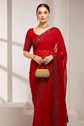 Red Color Sequins Embroidery With Malti Color Thread Work Satin Silk  Saree