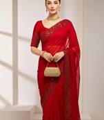 Red Color Sequins Embroidery With Malti Color Thread Work Satin Silk  Saree