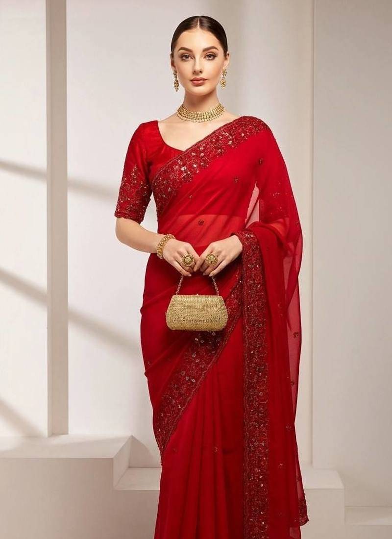 Red Color Sequins Embroidery With Malti Color Thread Work Satin Silk  Saree