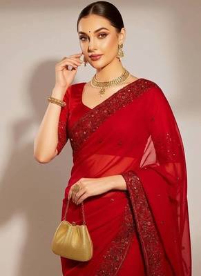 Red Color Sequins Embroidery With Malti Color Thread Work Satin Silk  Saree 2