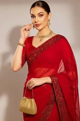 Red Color Sequins Embroidery With Malti Color Thread Work Satin Silk  Saree