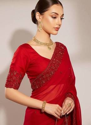 Red Color Sequins Embroidery With Malti Color Thread Work Satin Silk  Saree 3