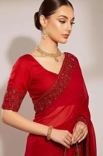 Red Color Sequins Embroidery With Malti Color Thread Work Satin Silk  Saree