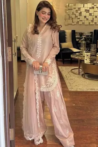 Pink White embroidery crep silk full stitched farshi salwar