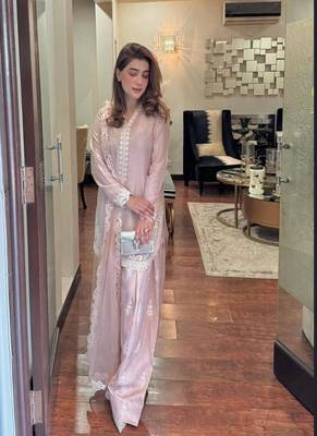 Pink White embroidery crep silk full stitched farshi salwar 7