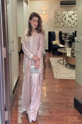 Pink White embroidery crep silk full stitched farshi salwar