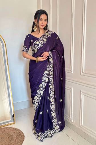Purple Color Sequins Embroidery  Work  Satin Silk  Saree