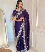 Purple Color Sequins Embroidery  Work  Satin Silk  Saree