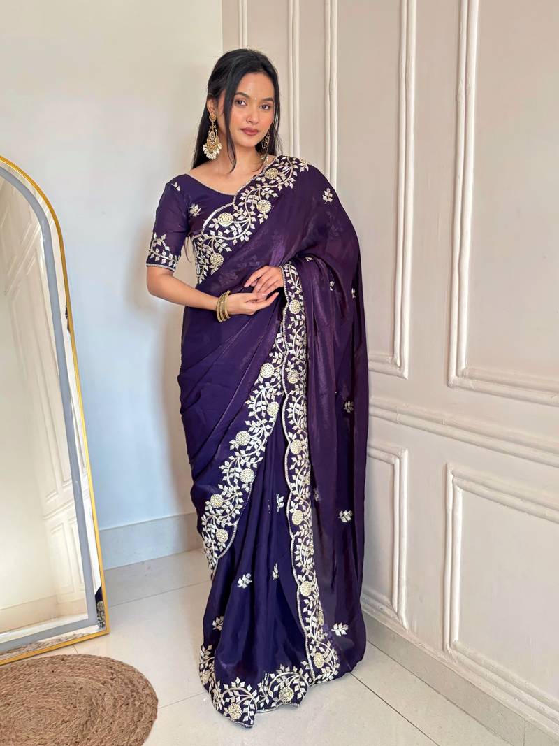 Purple Color Sequins Embroidery  Work  Satin Silk  Saree