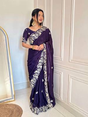 Purple Color Sequins Embroidery  Work  Satin Silk  Saree 2