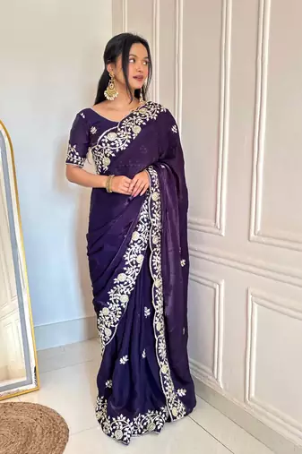 Purple Color Sequins Embroidery  Work  Satin Silk  Saree
