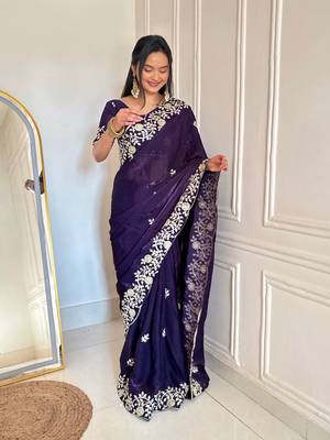 Purple Color Sequins Embroidery  Work  Satin Silk  Saree 3