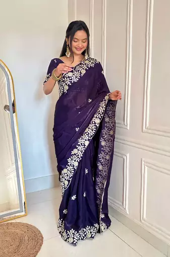 Purple Color Sequins Embroidery  Work  Satin Silk  Saree
