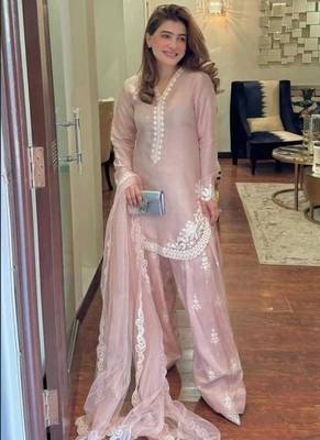 Pink White embroidery crep silk full stitched farshi salwar 2