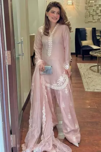 Pink White embroidery crep silk full stitched farshi salwar