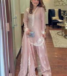 Pink White embroidery crep silk full stitched farshi salwar