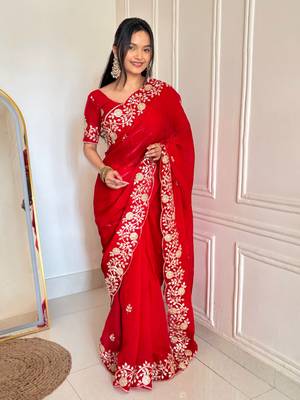 Red Color Sequins Embroidery  Work  Satin Silk  Saree 1