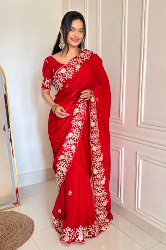 Red Color Sequins Embroidery  Work  Satin Silk  Saree